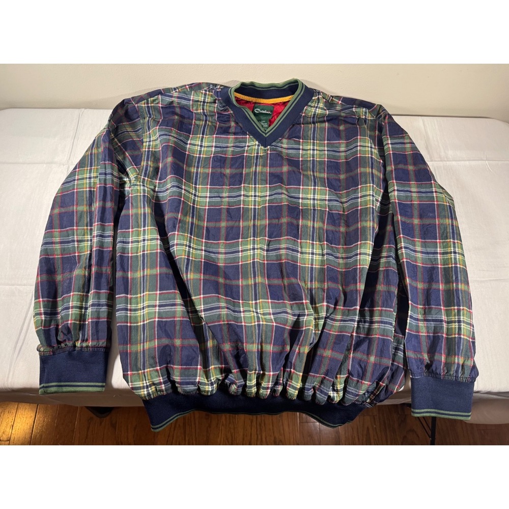 VTG 90s Catalina Mens Plaid V-Neck Windbreaker Pullover Jacket Navy Green Large